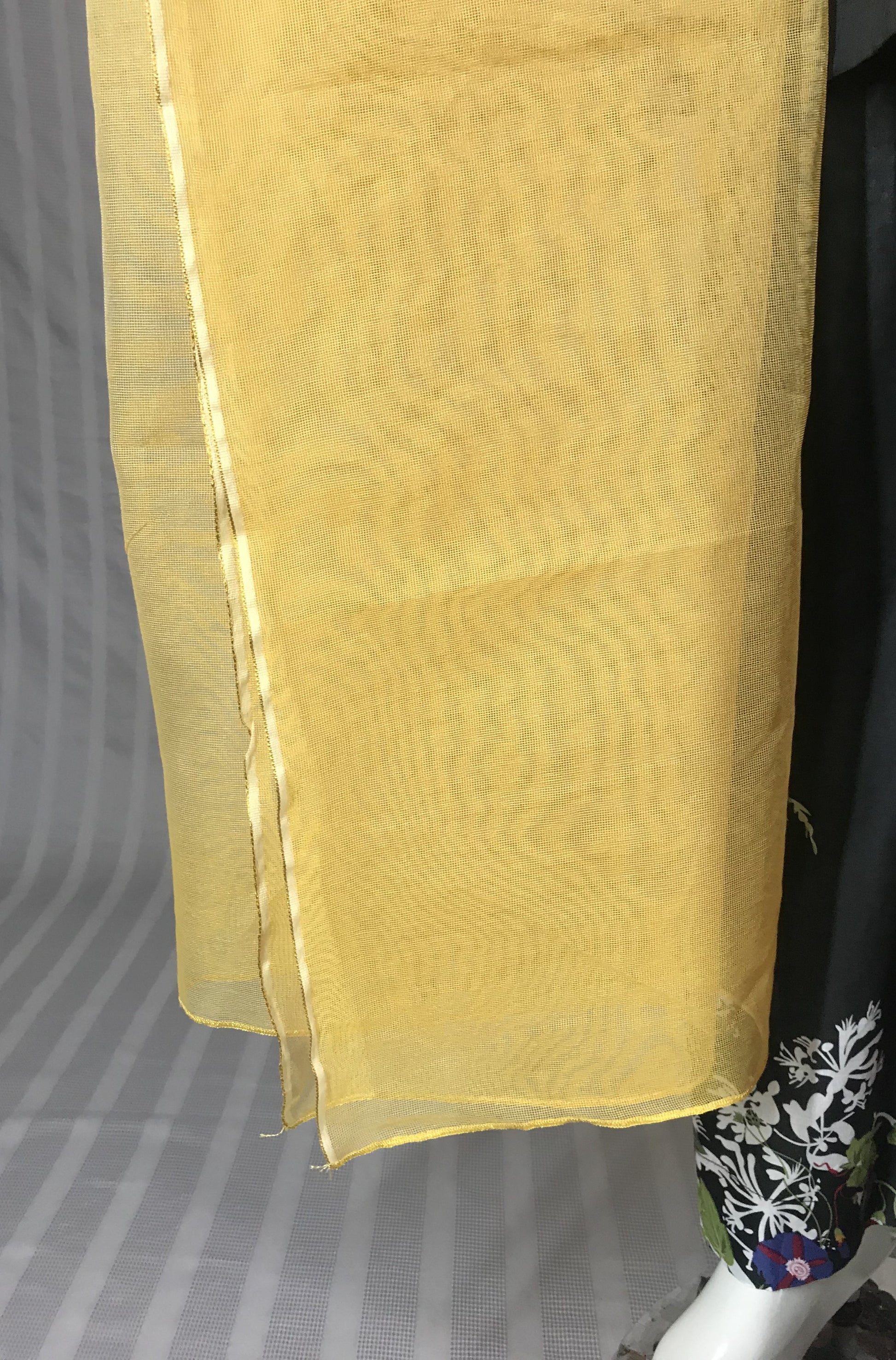 Model draping beige net dupatta, sheer weave detail visible